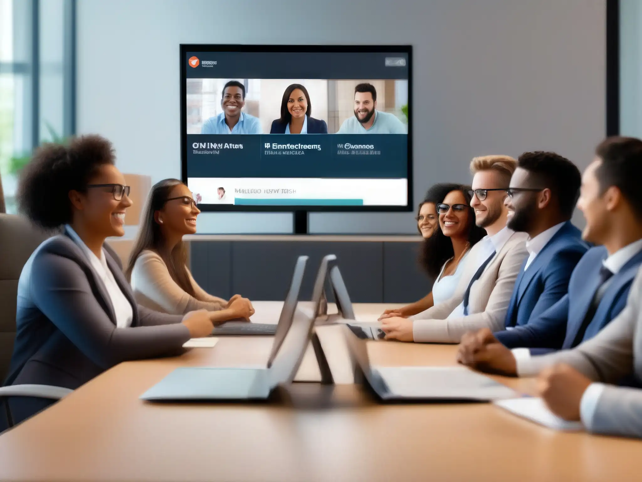 Clase virtual interactiva con estudiantes diversos Una moderna y profesional comparativa de herramientas de videoconferencia para aulas virtuales con estudiantes diversos participando en una clase interactiva en línea