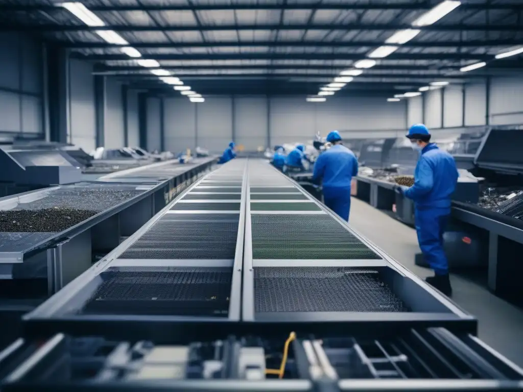 Reciclaje de electrónicos: innovación y eficiencia en acción Instalación moderna para reciclaje de aparatos electrónicos con tecnología avanzada y trabajadores cuidadosos