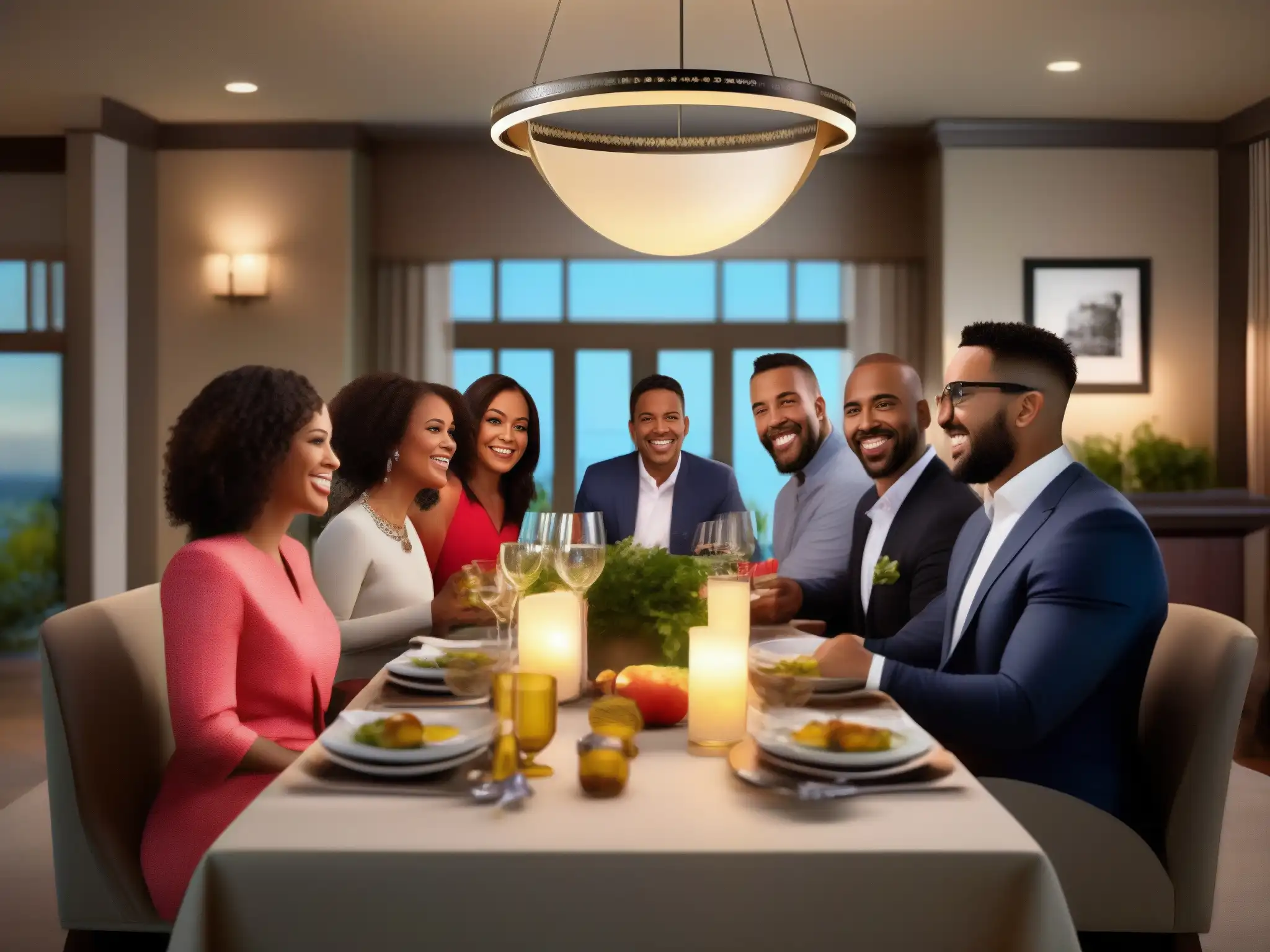 Cena virtual familiar con fondos personalizados Una moderna reunión familiar virtual con decoraciones temáticas y fondos personalizados