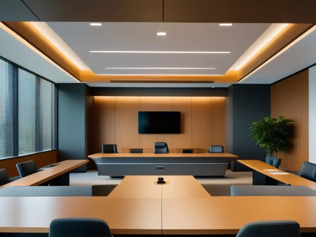 Sala de juicios moderna con tecnología de videoconferencia Una moderna sala de audiencias con videoconferencia integrada, bañada en luz natural y tonos profesionales