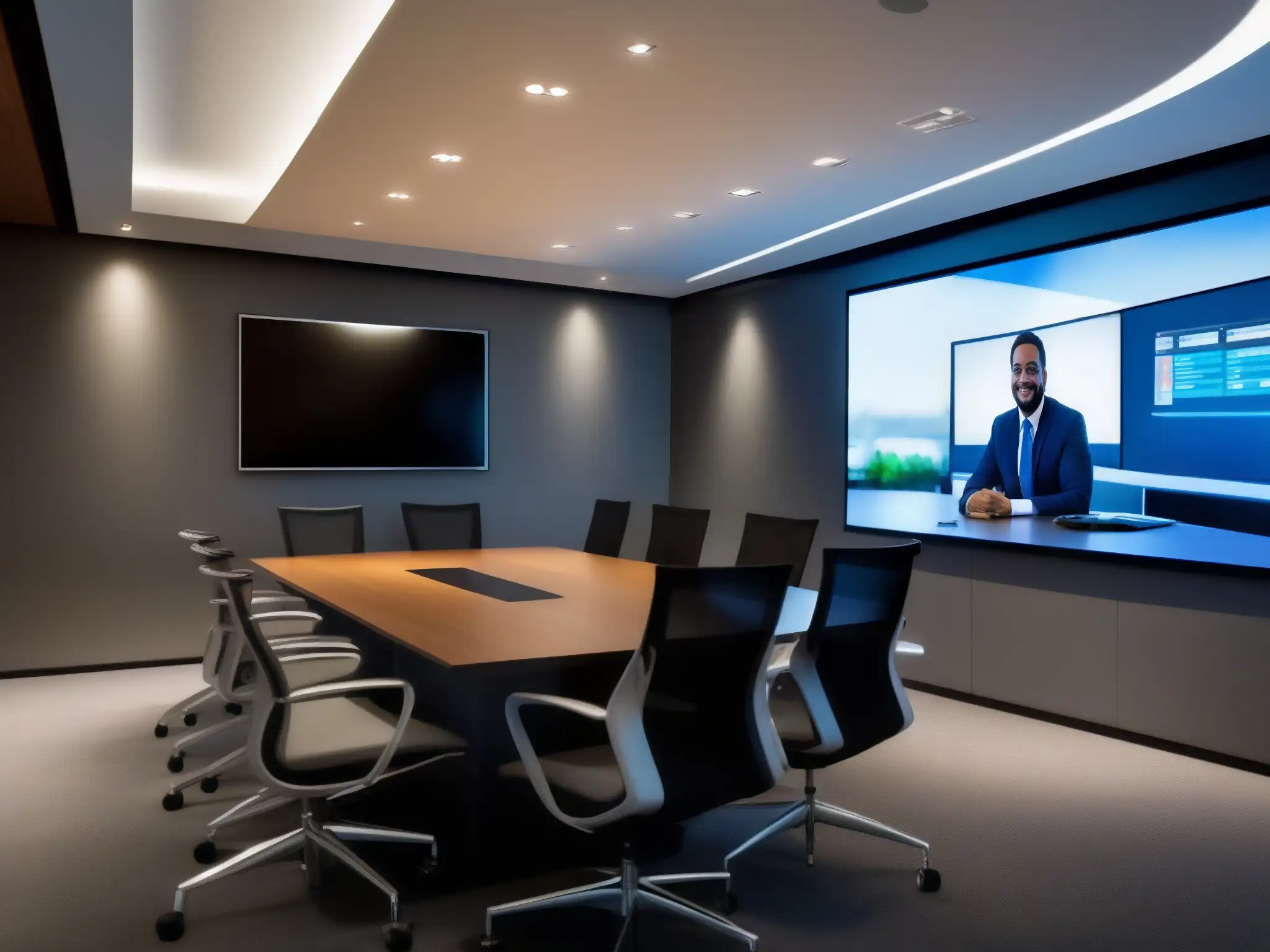 Sala de conferencias moderna y eficiente con tecnología de videoconferencia de vanguardia Una moderna sala de conferencias con equipamiento de videoconferencia de vanguardia, iluminación suave y ambiente profesional