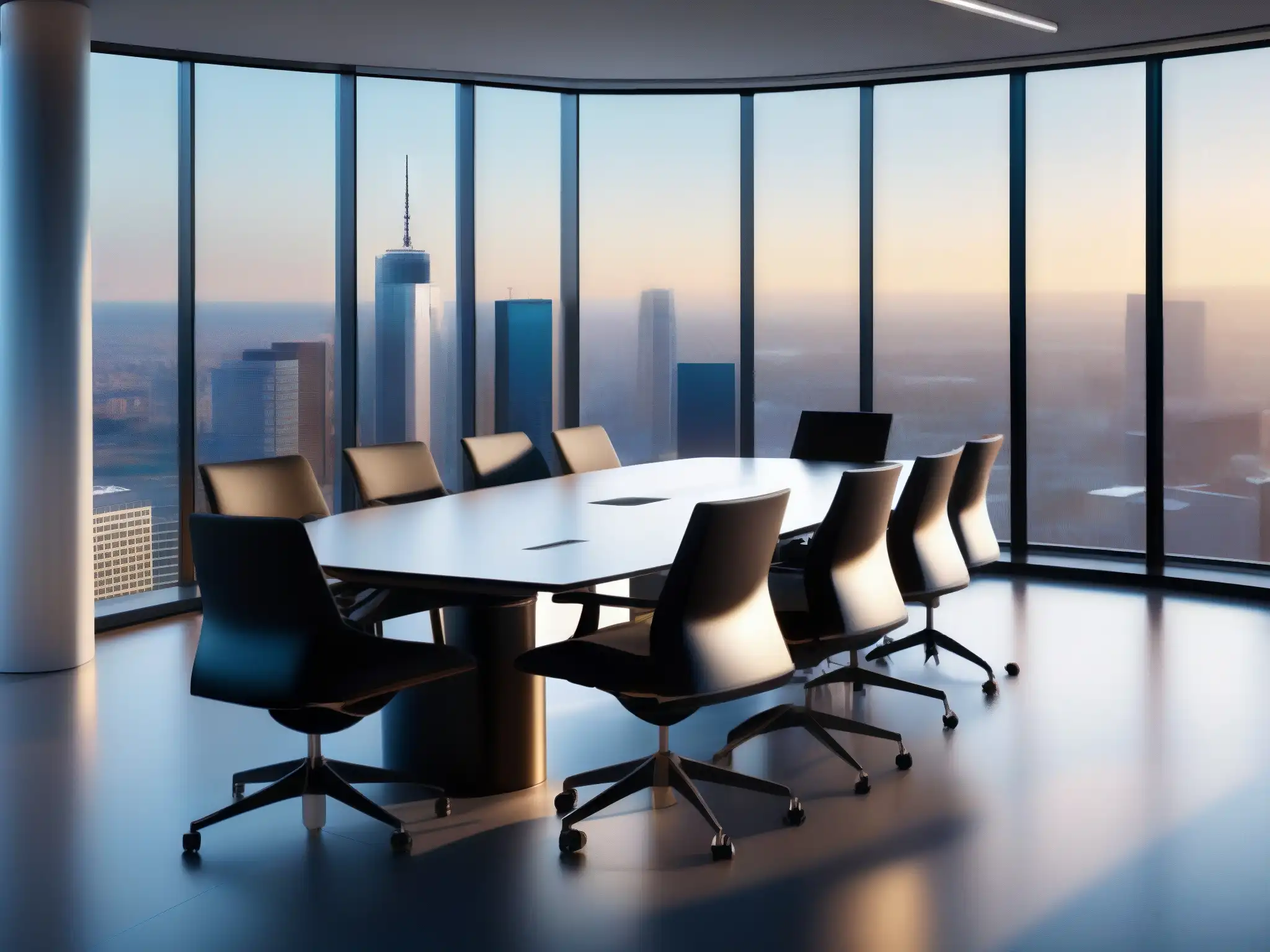 Oficina moderna con integración de Microsoft Teams Una moderna sala de conferencias con integración Microsoft Teams y Office 365, equipada con tecnología de vanguardia y vistas panorámicas a la ciudad