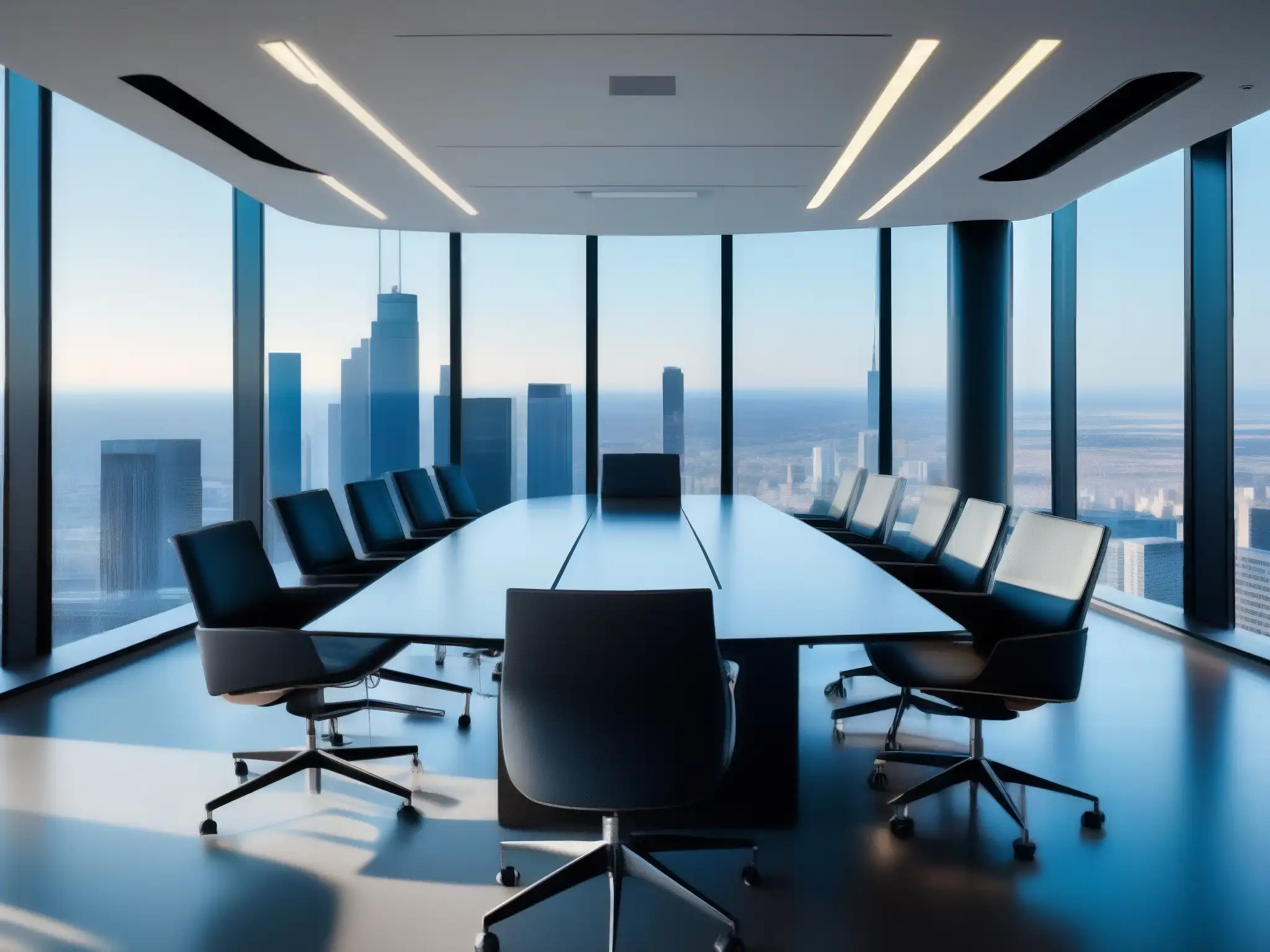 Conferencia futurista con vista panorámica: imagen 8k Una moderna sala de conferencias con integración de videoconferencias en empresas, elegante y futurista, con vista a la ciudad