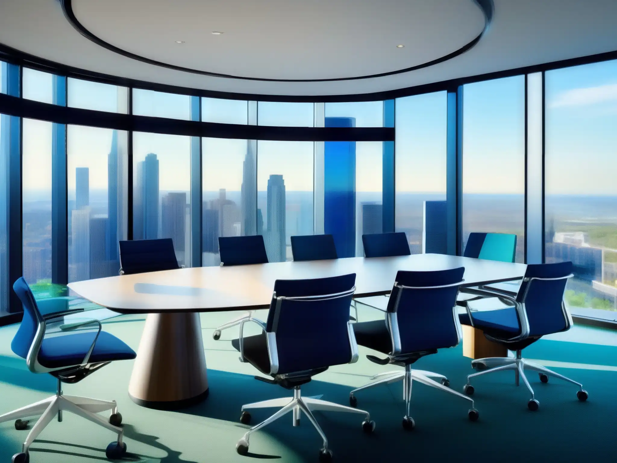 Oficina ejecutiva moderna con tecnología de vanguardia y vistas panorámicas Moderna sala de conferencias con las mejores herramientas para reuniones virtuales corporativas, tecnología de vanguardia y ambiente profesional