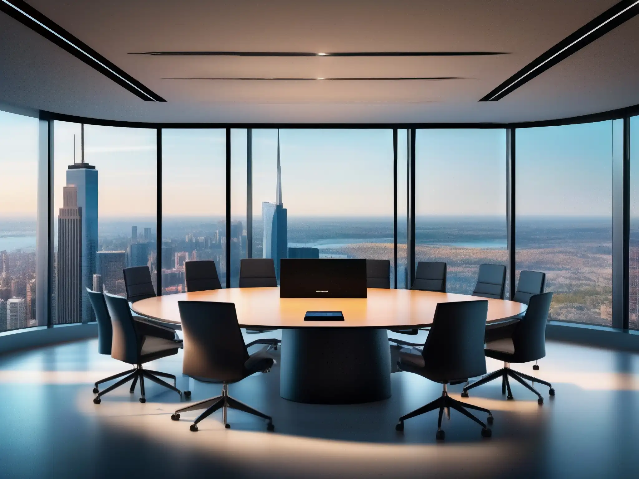 Sala de conferencias ultramoderna con vista a la ciudad Moderna sala de conferencias con las mejores herramientas para reuniones virtuales corporativas, elegante y profesional, con vista a la ciudad