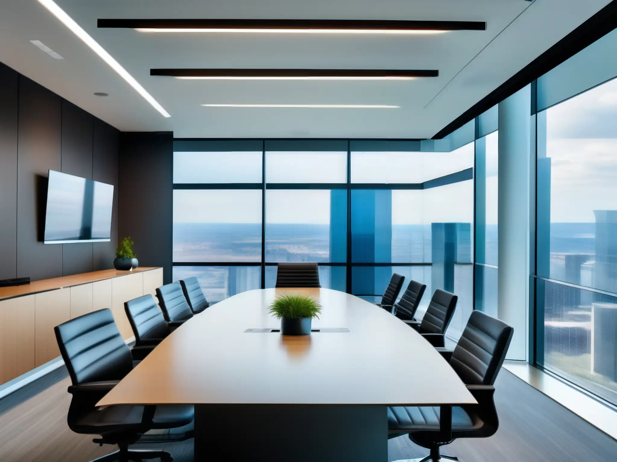 Sala de reuniones moderna con vista a la ciudad y tecnología de vanguardia Moderna sala de conferencias con soluciones de videoconferencia, bañada en luz natural, equipo profesional colaborando en una reunión productiva