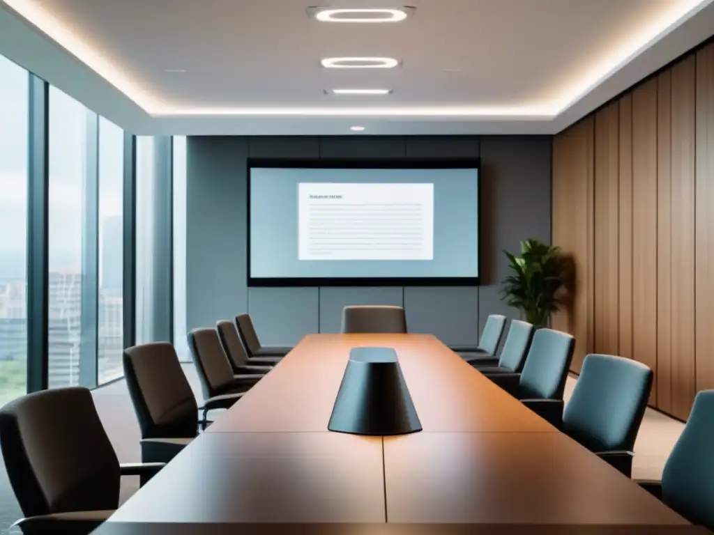 Sala de conferencias moderna: Reunión virtual productiva Moderna sala de conferencias con videoconferencia y organización de agendas en un ambiente profesional y productivo con luz natural