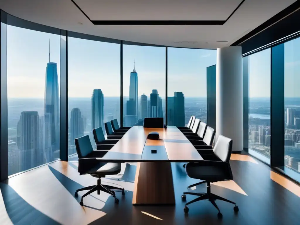Sala de conferencias moderna con vista a la ciudad y sistema de videoconferencias de vanguardia Moderna sala de conferencias con vista a la ciudad y sistema de videollamadas profesionales