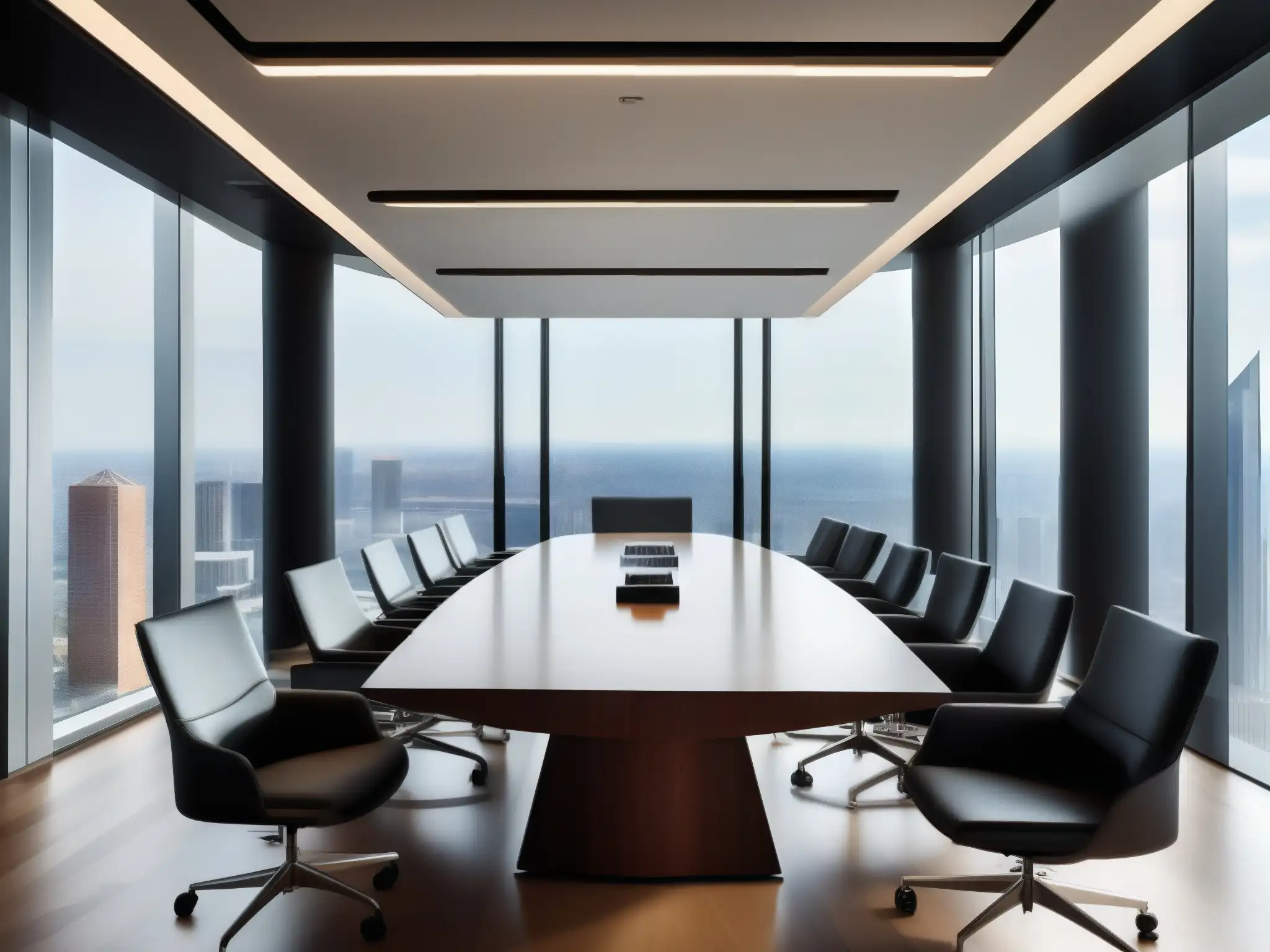 Sala de conferencias moderna con vista a la ciudad Moderna sala de conferencias con vista panorámica a la ciudad y mesa de reuniones de madera pulida