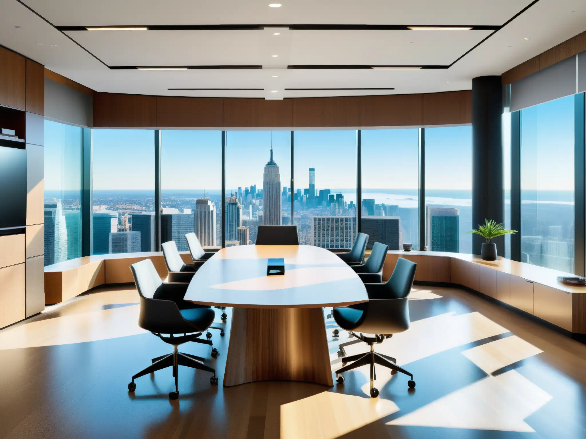 Moderna sala de conferencias con vistas a la ciudad: diseño elegante y tecnología avanzada Moderna sala de conferencias con vistas a la ciudad