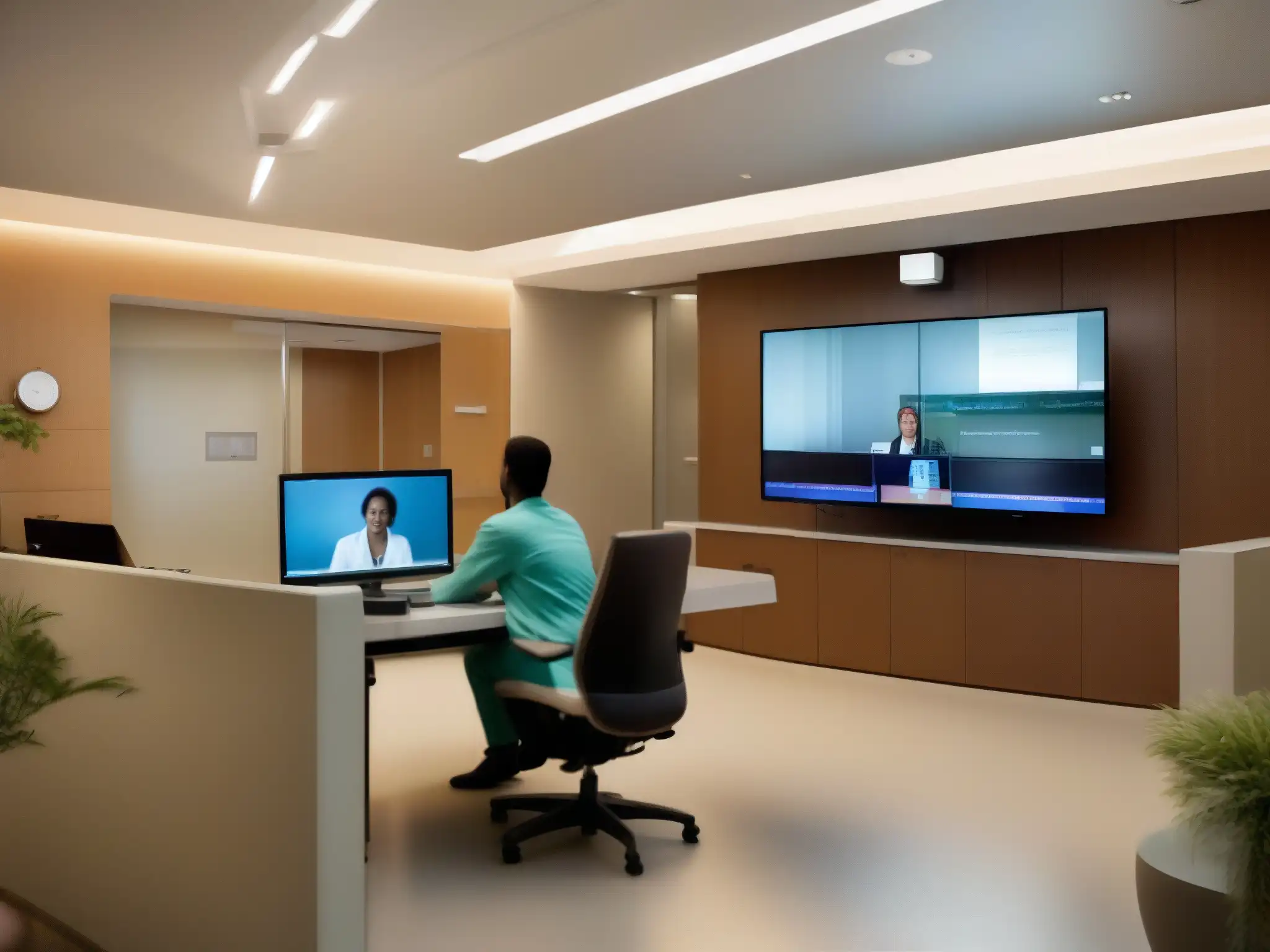 Consulta médica virtual en hospital moderno Una moderna sala de consultas médicas con tecnología de videoconferencia