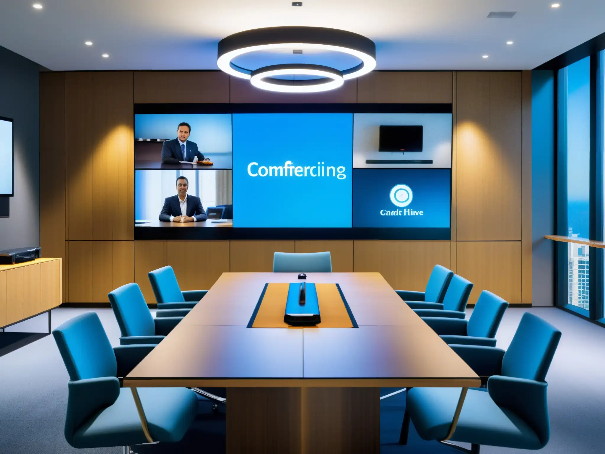 Videollamadas de alta gama en sala de juntas corporativa Moderna sala de juntas con equipo de videoconferencia de alta tecnología, ideal para cumplir con las regulaciones SOX en el sector financiero