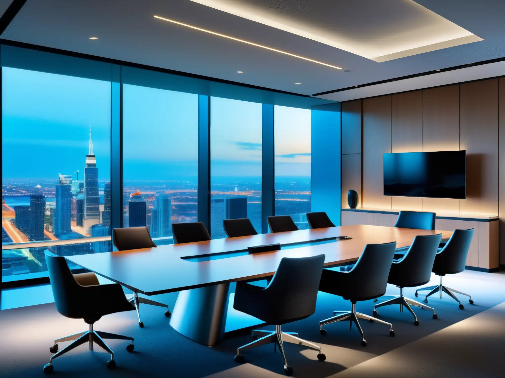 Sala de juntas futurista con tecnología de videoconferencia de vanguardia Moderna sala de juntas con herramientas de videoconferencia profesionales comparativa, iluminada por luz natural y con vistas a la ciudad