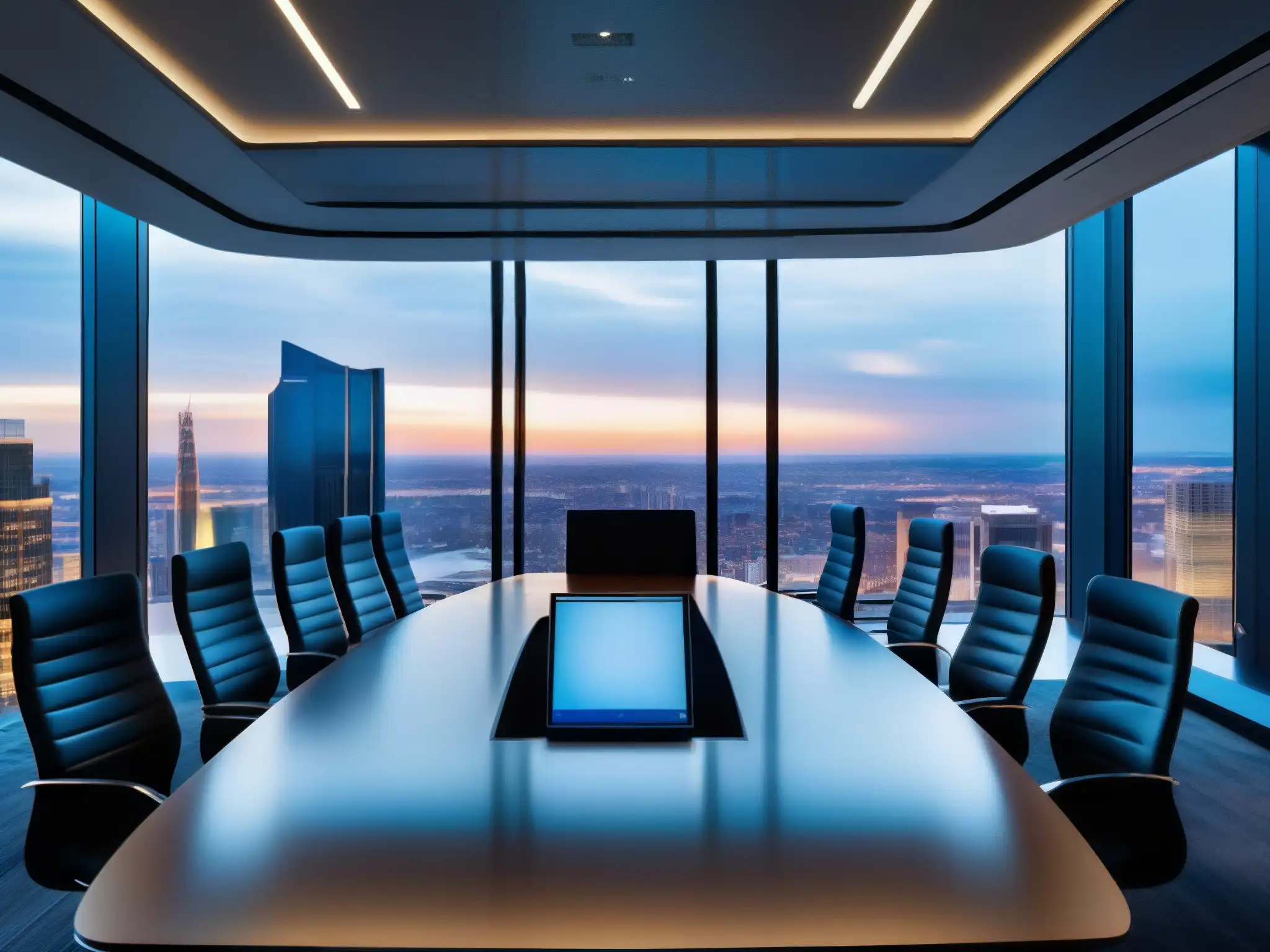 Moderna sala de juntas con vista panorámica y tecnología de vanguardia Moderna sala de juntas con las mejores herramientas de videoconferencia para grandes empresas, elegante y profesional, con vista a la ciudad