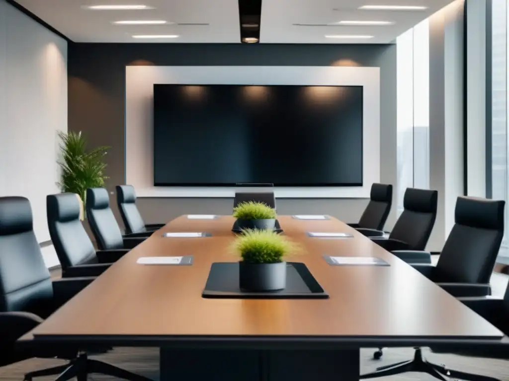 Salón de videoconferencias de vanguardia: profesionalismo y eficiencia Moderna sala de juntas con plataforma de videoconferencia gratuita 2023 y diseño minimalista, iluminada por luz natural