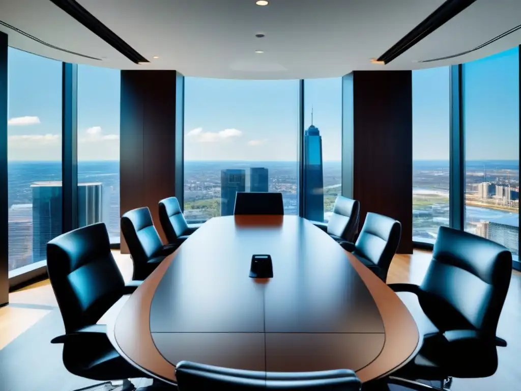 Salón de juntas moderno con vista panorámica Moderna sala de juntas con soluciones de videoconferencia sector financiero, rodeada de elegancia y profesionalismo, bañada en luz natural