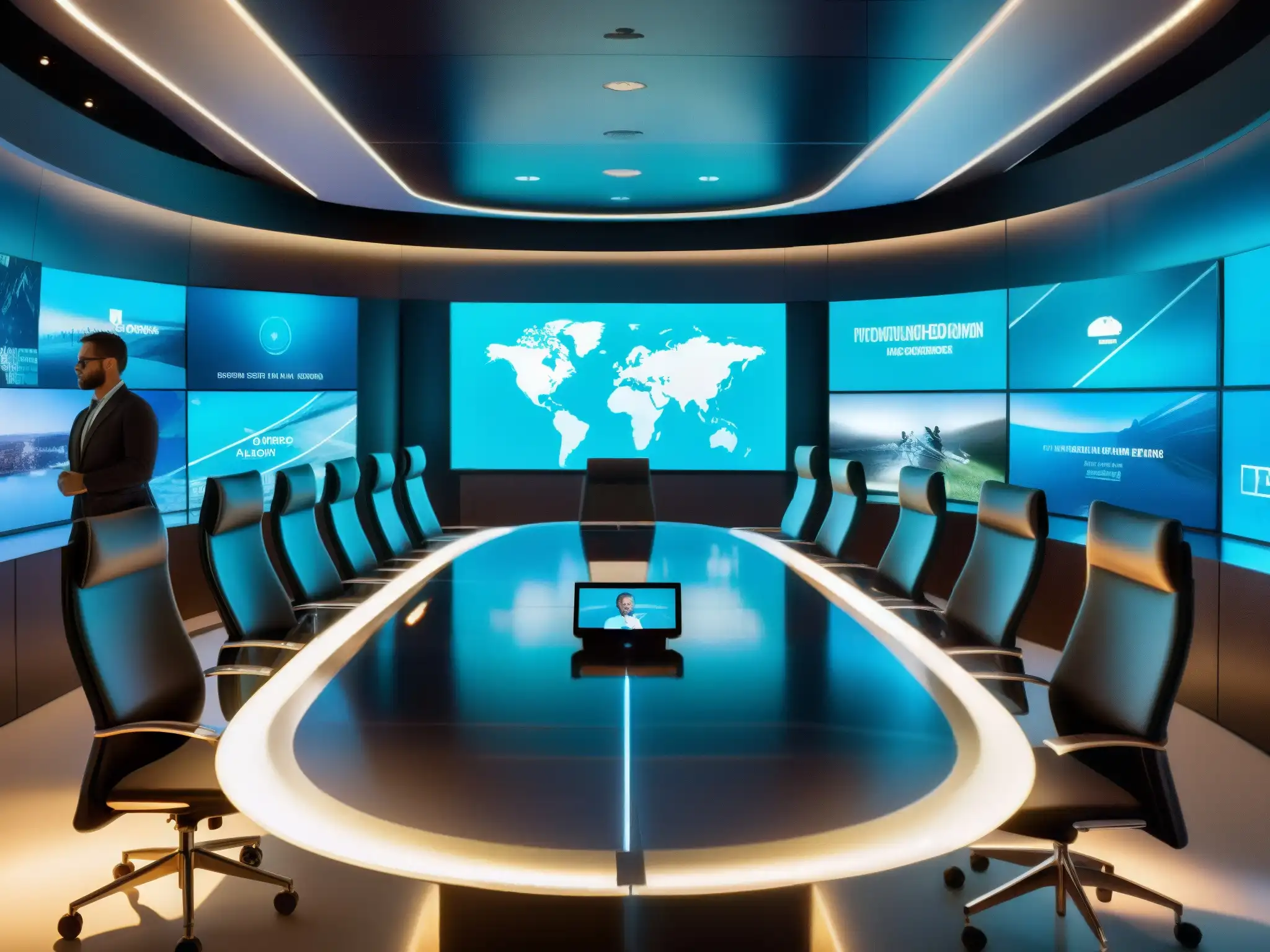 Sala de juntas futurista con videoconferencias globales Moderna sala de juntas con videoconferencia global, reflejos en pantallas transparentes