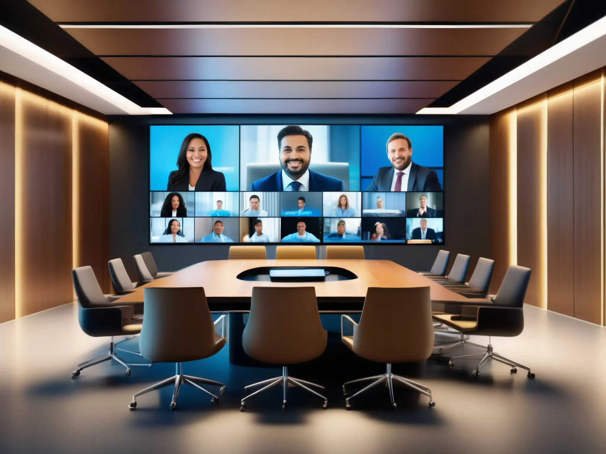 Sala de conferencias moderna con videoconferencia segura Una moderna sala de juntas con videoconferencia, proyectando seguridad en reunión profesional