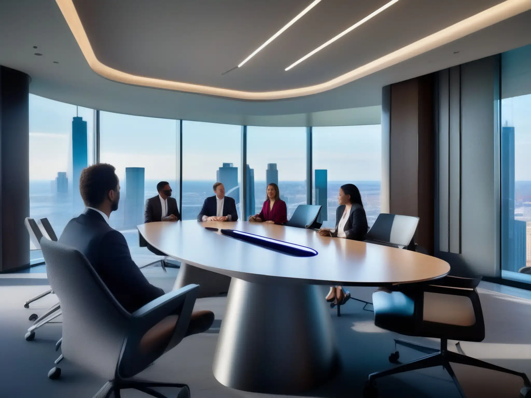 Sala de juntas futurista para videoconferencias corporativas Moderna sala de juntas con videoconferencia de alta definición, reflejando la integración de la ley ciberseguridad en empresas