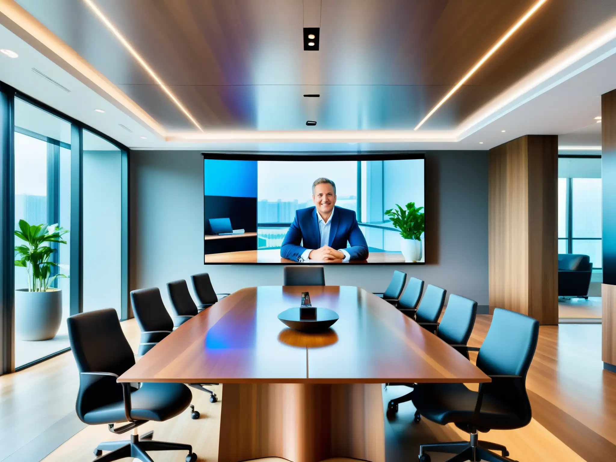 Moderna sala de juntas con videoconferencia y vista urbana Moderna sala de juntas con videoconferencia, seguridad en videoconferencias corporativas