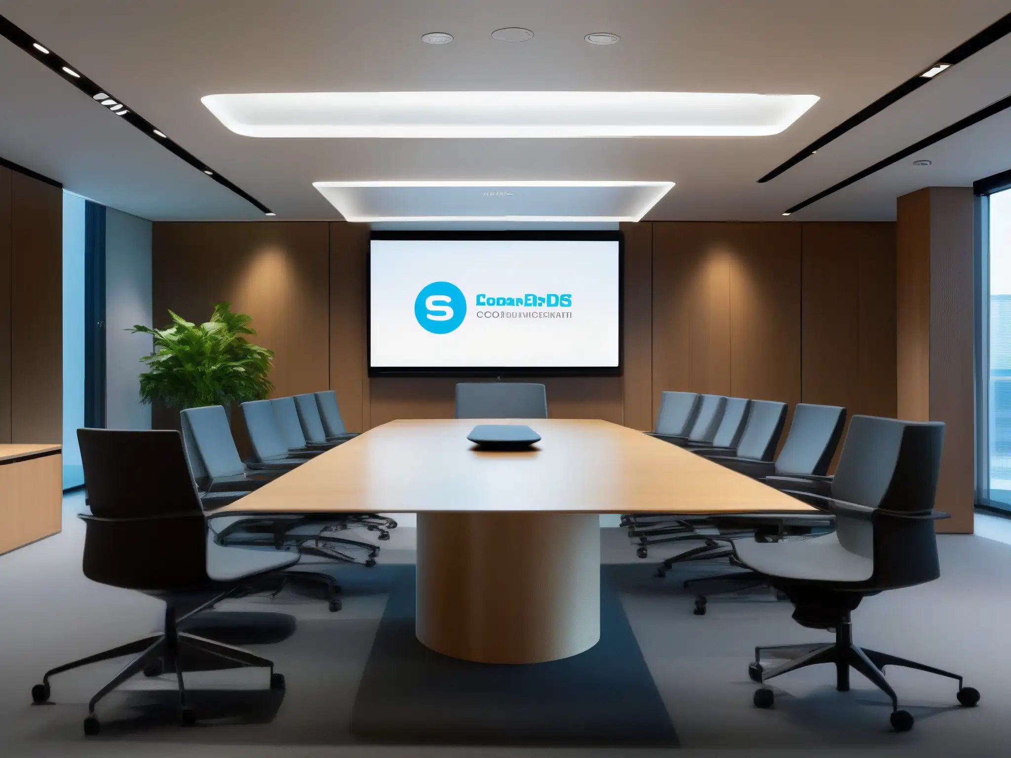 Sala de conferencias moderna y sofisticada con tecnología de vanguardia Moderna sala de juntas para videoconferencias corporativas 2023, con tecnología de vanguardia, diseño minimalista y ambiente luminoso y sofisticado