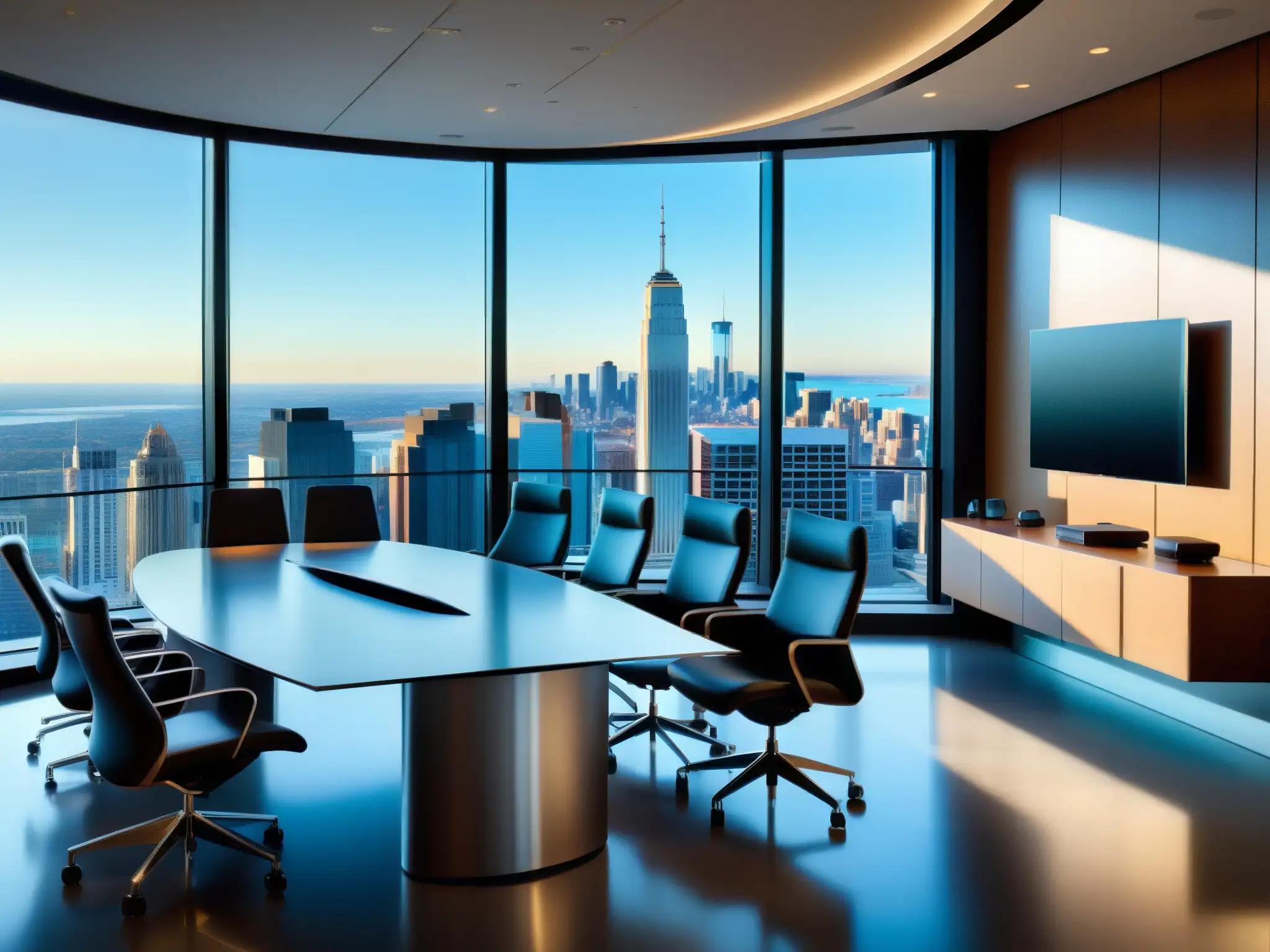 Sala de juntas virtual: eficiencia y profesionalismo con GoToMeeting Una moderna sala de juntas con vista a la ciudad, bañada en luz natural