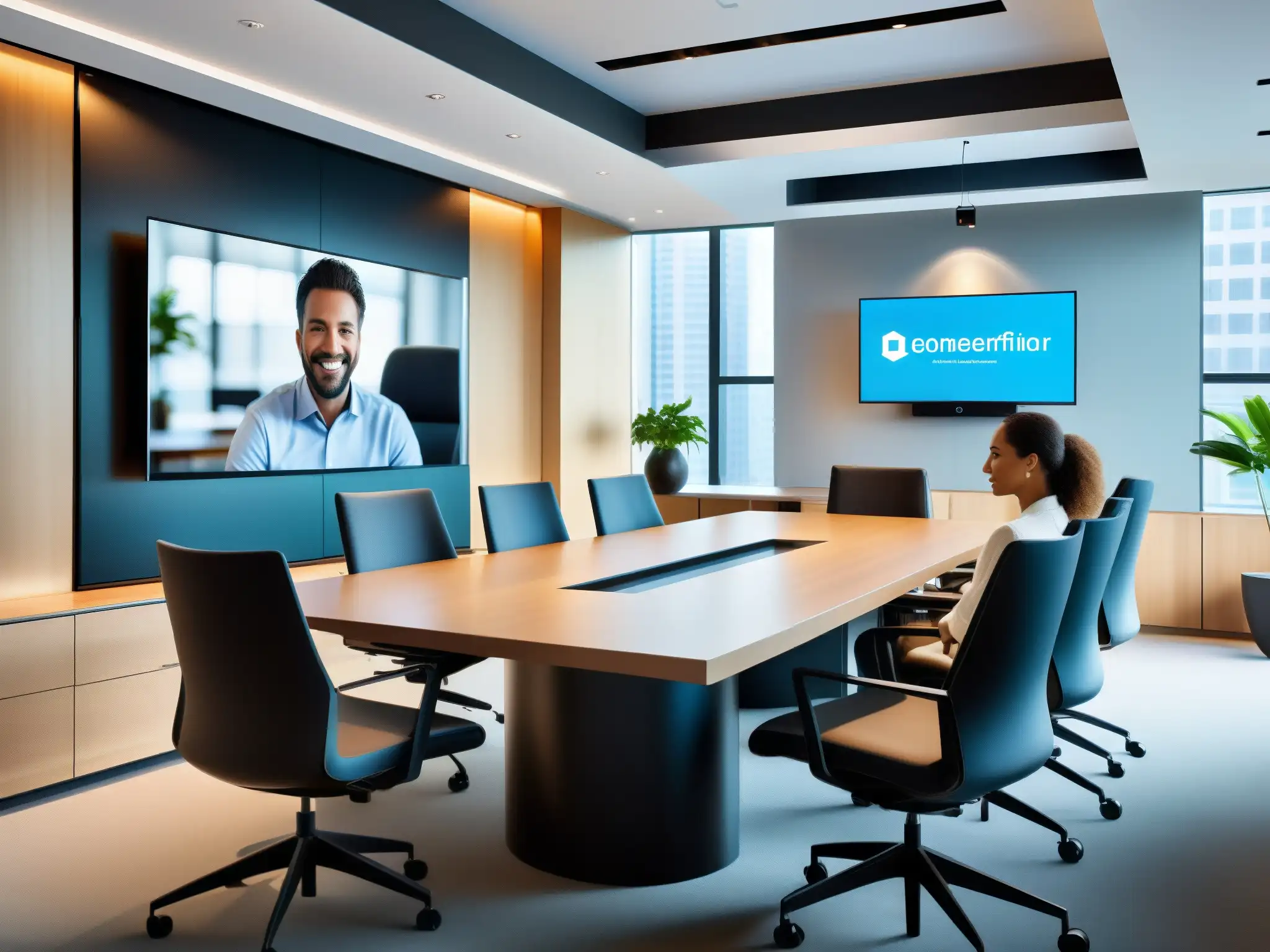 Sala de videoconferencias moderna y eficiente con suscripciones premium Una moderna sala de oficina con sistema de videoconferencia de alta resolución, sillas ergonómicas y decoración minimalista