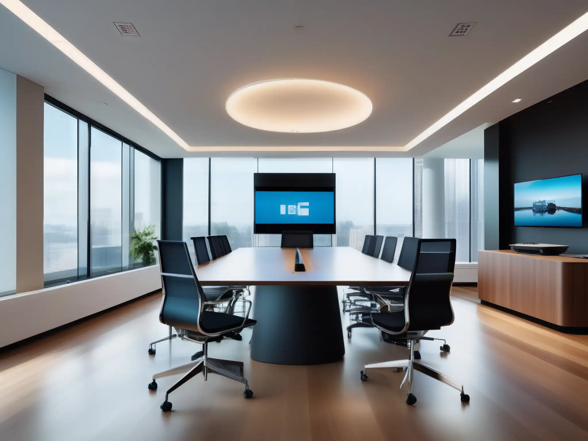 Sala de reuniones moderna con diseño web impactante Moderna sala de reuniones con integraciones de videoconferencia, diseño web y ambiente profesional iluminado por luz natural