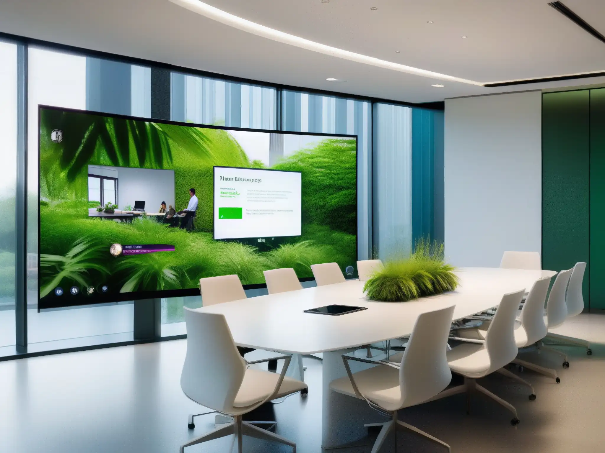 Sala de reuniones virtual moderna y luminosa Moderna sala de reuniones virtuales con herramientas de videoconferencia para productividad, diseño minimalista y ambiente luminoso