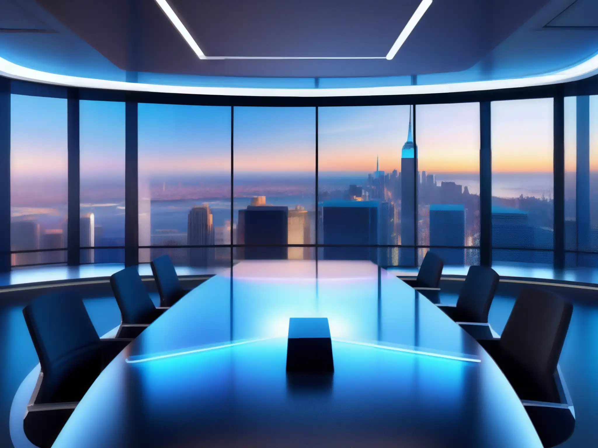 Sala de reuniones virtuales futurista con tecnología avanzada y vista panorámica de la ciudad Moderna sala de reuniones virtuales con tecnología holográfica y profesionales en videoconferencia, en un entorno profesional y futurista