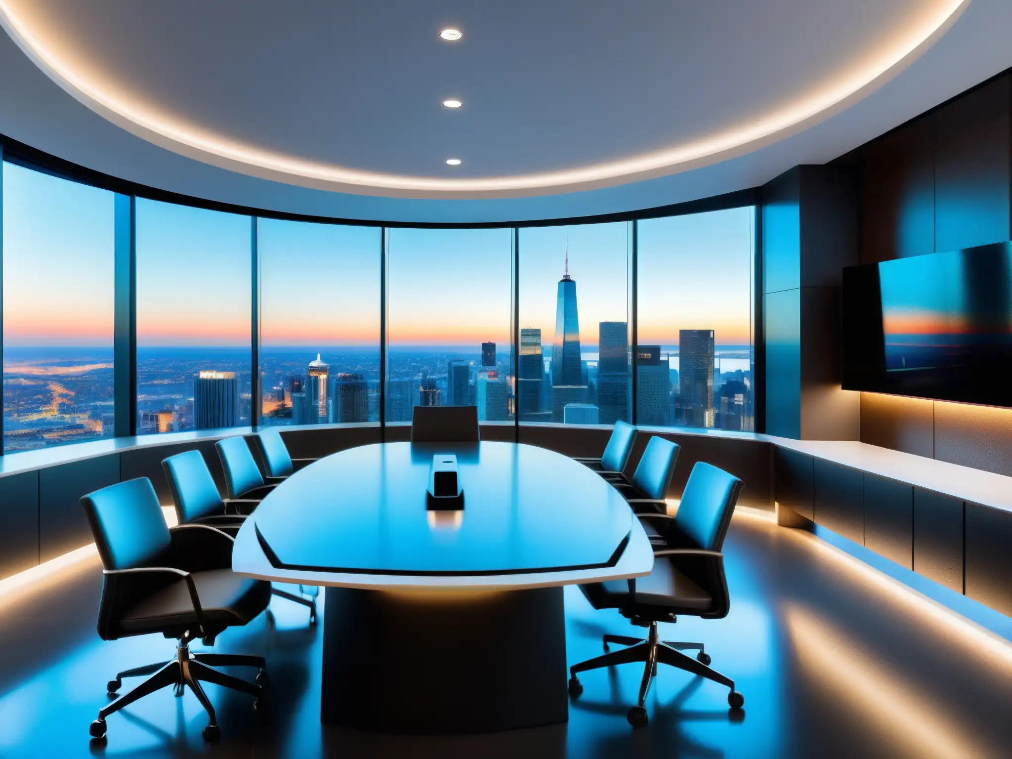 Sala de reuniones virtual de vanguardia Moderna sala de reuniones virtuales corporativas con elegante mobiliario y presentación profesional en pantalla