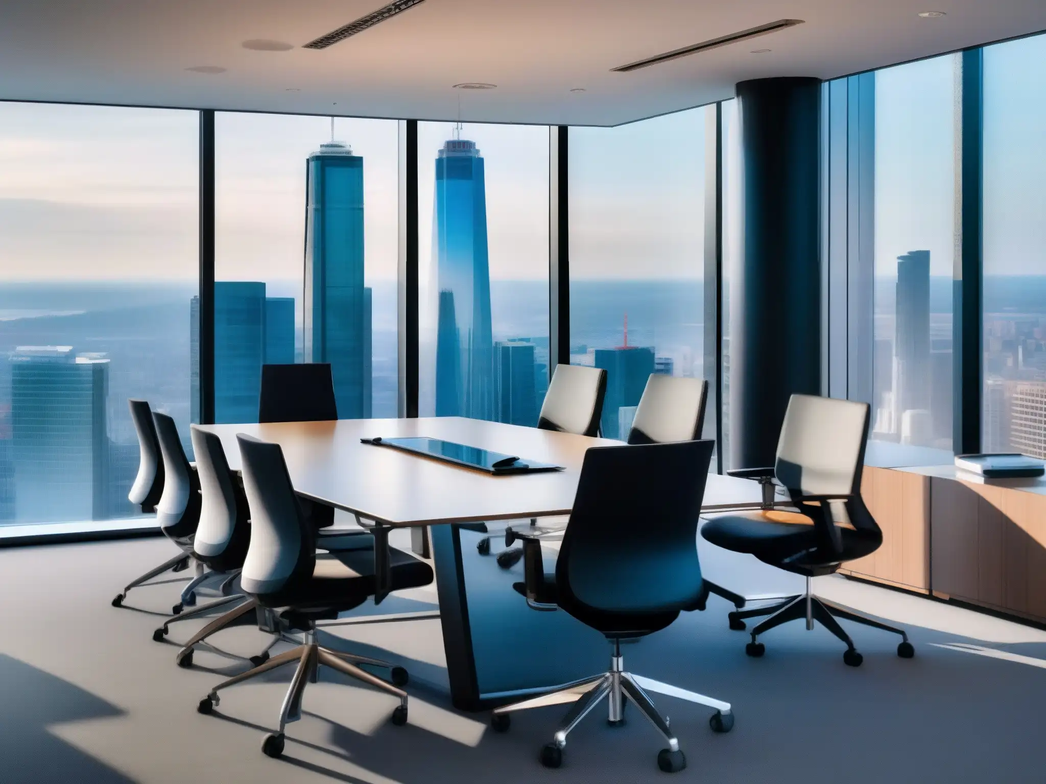Sala de reuniones moderna con vista panorámica y videoconferencia de alta definición Moderna sala de reuniones con vista a la ciudad, mobiliario minimalista y pantalla de videoconferencia