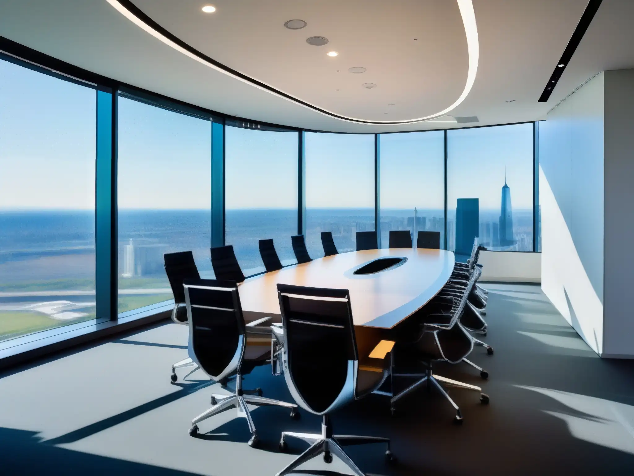 Sala de juntas moderna con vista panorámica y tecnología avanzada Moderna sala de reuniones con vistas panorámicas a la ciudad y avanzadas plataformas de videoconferencia gratuitas 2023