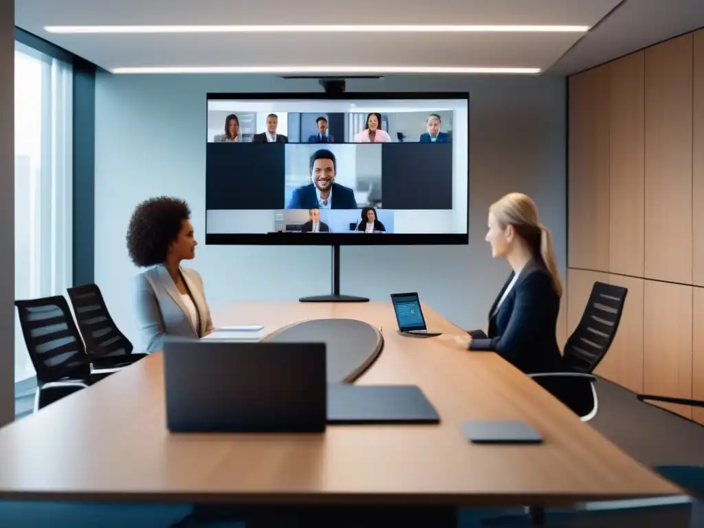 Videoconferencia de alta calidad en entorno profesional Una moderna sala de videoconferencia con las mejores herramientas para soporte técnico, creando un ambiente profesional y colaborativo