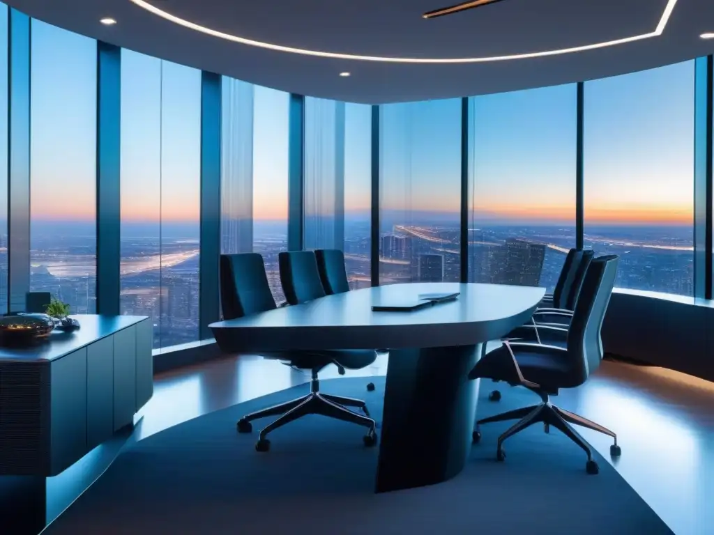 Sala de videoconferencias futurista y segura con vistas urbanas Moderna sala de videoconferencia con vista a la ciudad y medidas de seguridad avanzadas para protocolos de videoconferencia segura