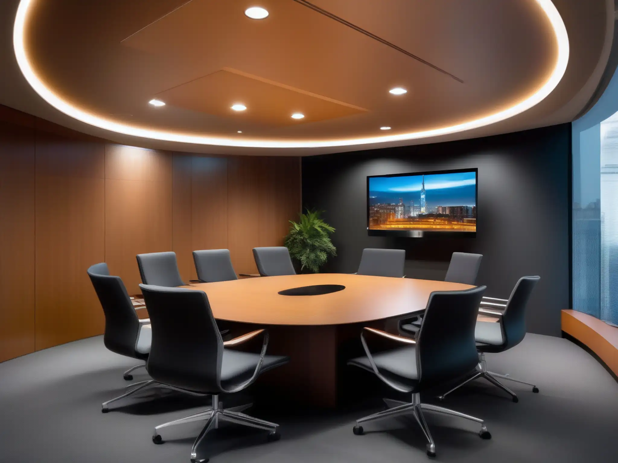 Sala de videoconferencias moderna y sofisticada en entorno corporativo Una moderna sala de videoconferencias en ambiente corporativo, ideal para reuniones productivas