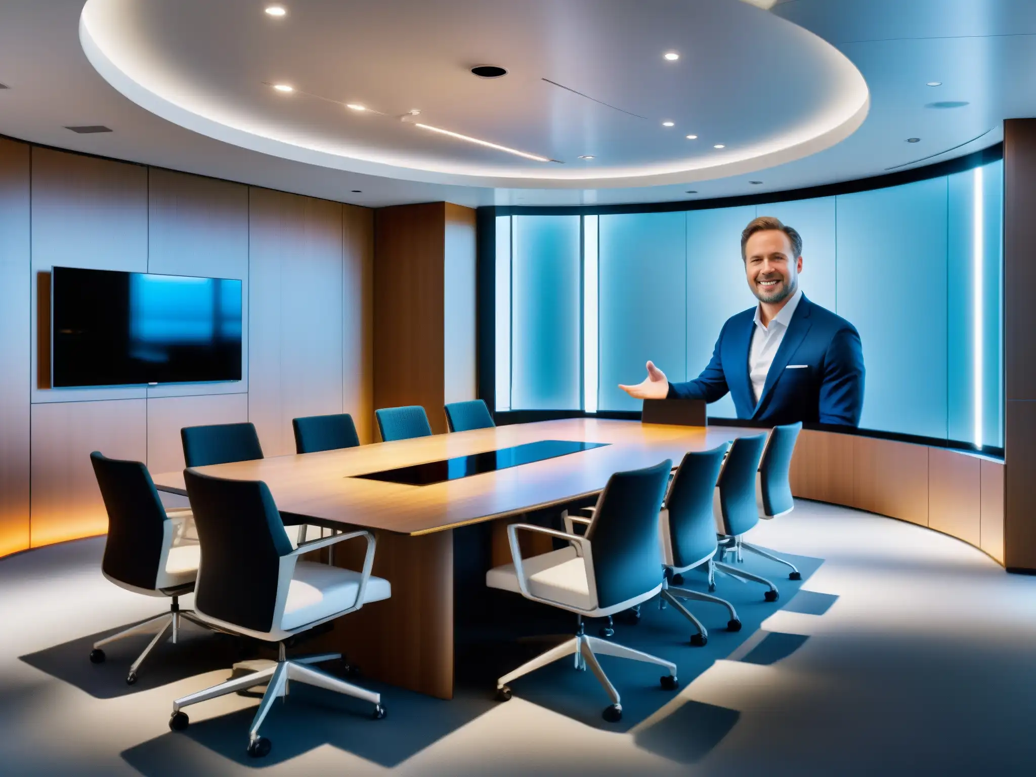 Sala de videoconferencias futurista para entrevistas de trabajo Moderna sala de videoconferencias con análisis predictivo, equipamiento de vanguardia y ambiente profesional, reflejando innovación y eficiencia