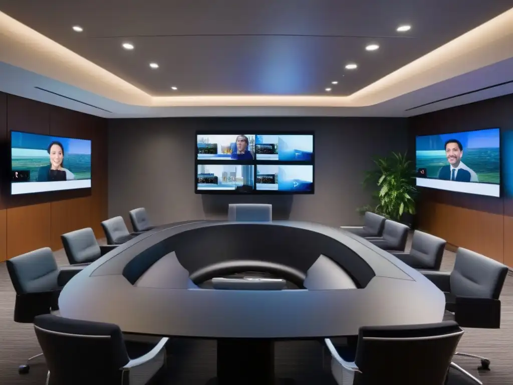Sala de videoconferencias global: coordinación sin fronteras Moderna sala de videoconferencias con coordinación en husos horarios