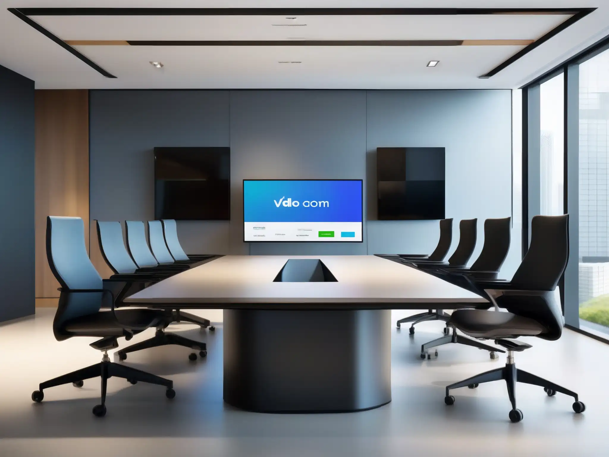 Imagen de videoconferencia moderna y sofisticada Una moderna sala de videoconferencias con diseño minimalista y elegancia profesional