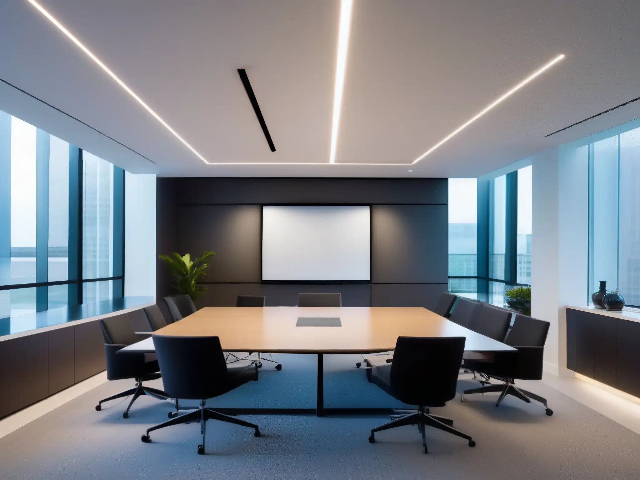 Sala de videoconferencias moderna y sostenible con tecnología de vanguardia Una moderna sala de videoconferencias con iluminación energéticamente eficiente