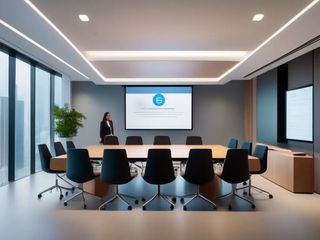 Sala de videoconferencias AI: eficiencia y colaboración Moderna sala de videoconferencias con tecnología AI para optimización de comunicación y colaboración empresarial