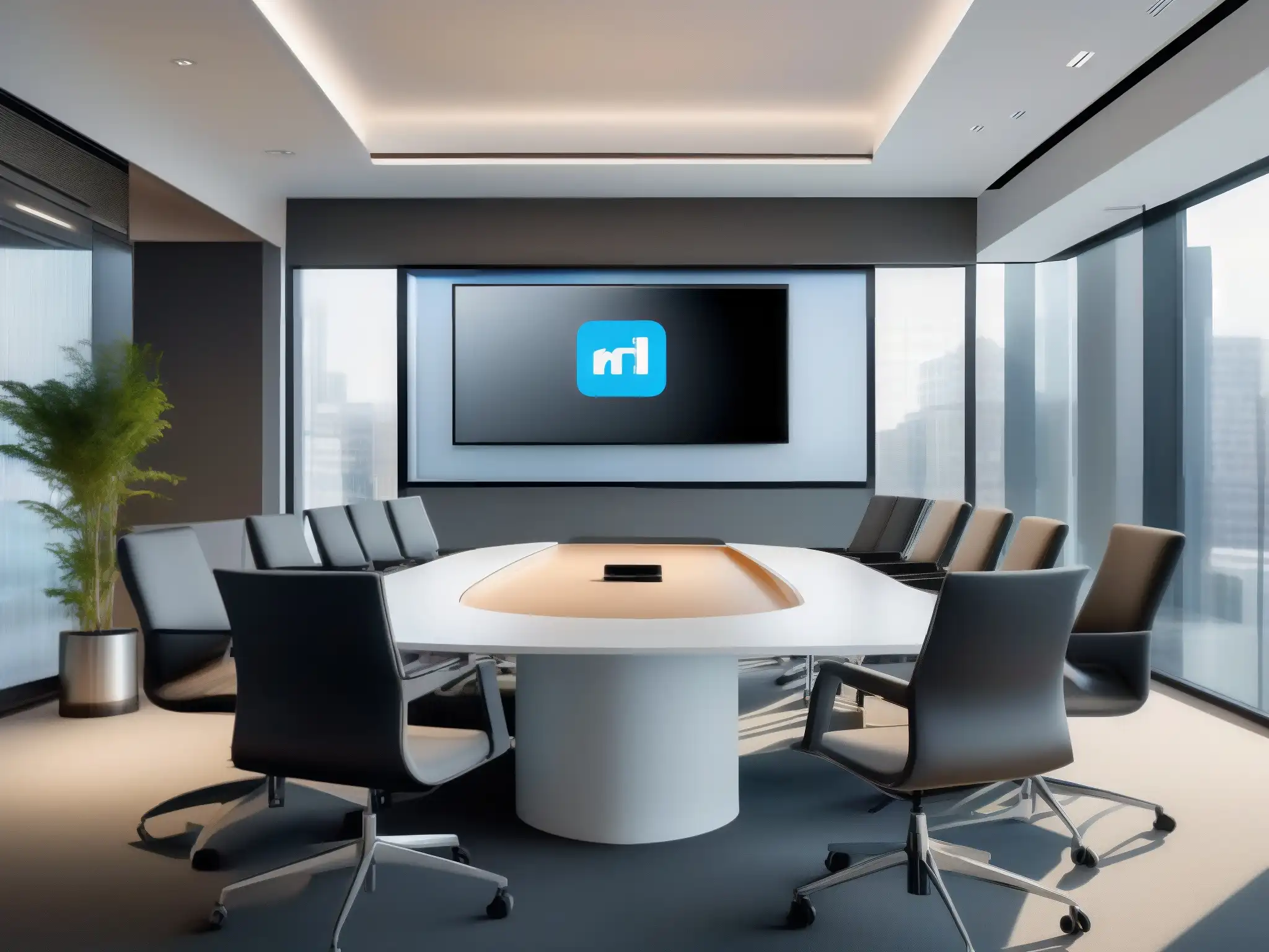 Oficina moderna con videoconferencia de alta calidad Una moderna sala de videoconferencias en un entorno profesional, con equipos de alta calidad y una atmósfera luminosa y acogedora