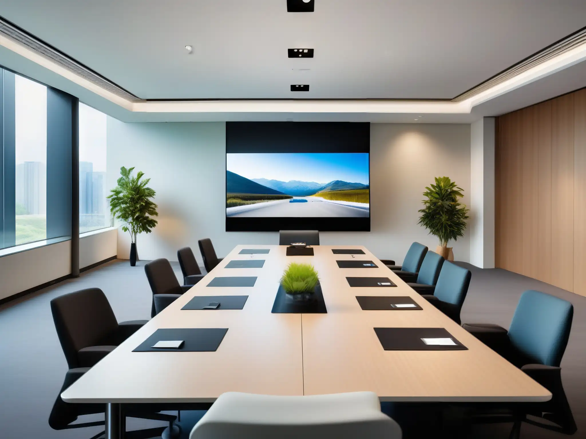 Sala de reuniones moderna con videoconferencia de alta definición Moderna sala de videoconferencias con equipo avanzado y ambiente luminoso, optimizando ancho de banda en videoconferencias