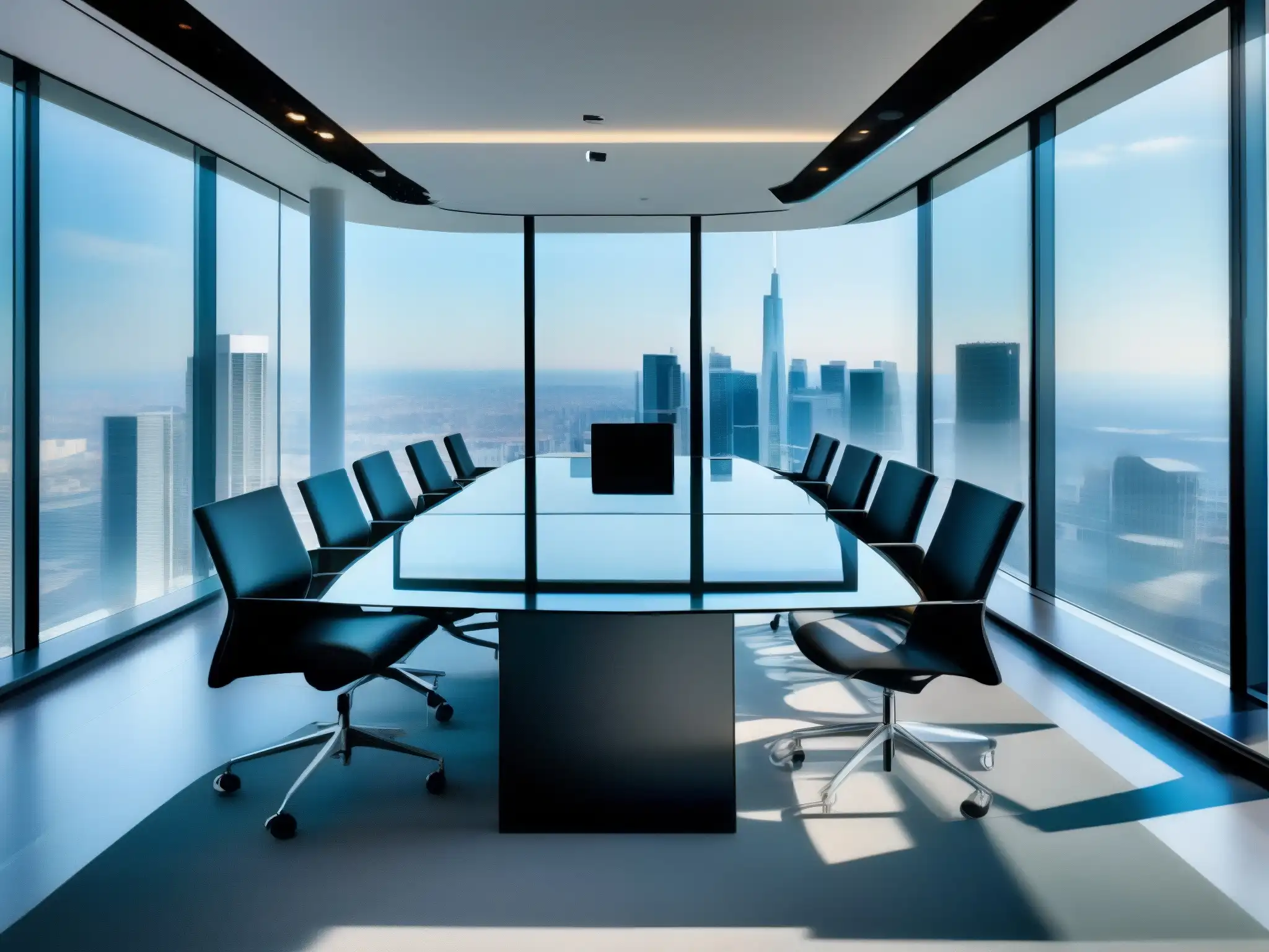 Sala de conferencias virtuales de alto nivel con vistas a la ciudad Moderna sala de videoconferencias con equipos de alta tecnología y privacidad