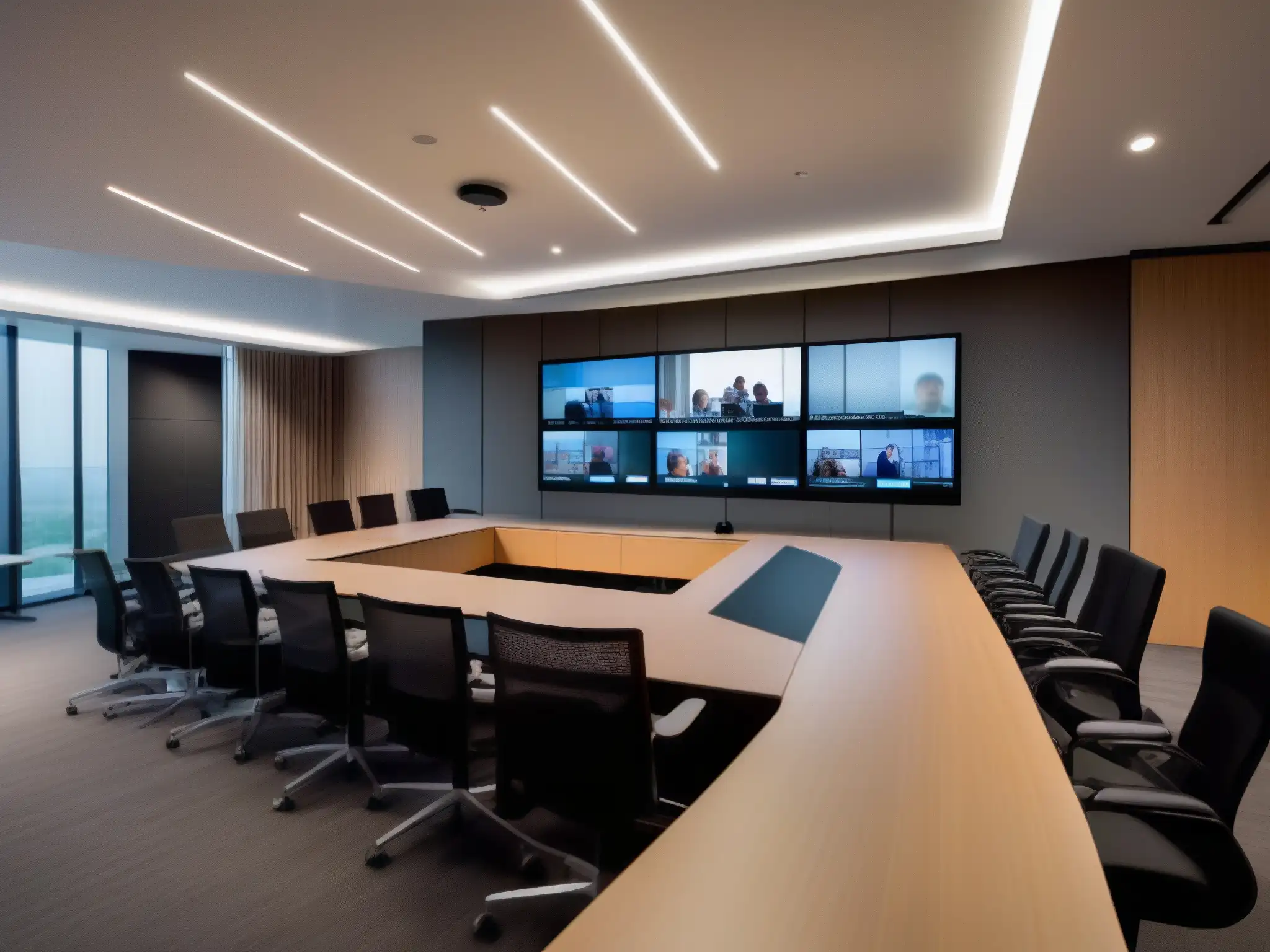 Sala de videoconferencias moderna y profesional con participantes enfocados Moderna sala de videoconferencias con integraciones para videoconferencia empresarial, pantalla de alta definición y ambiente profesional