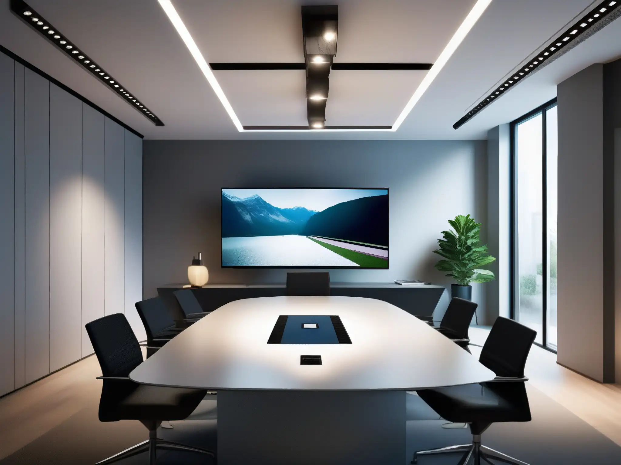 Videoconferencia profesional en oficina minimalista Una moderna sala de videoconferencias integrada en una oficina minimalista, con una estética profesional y tecnológica