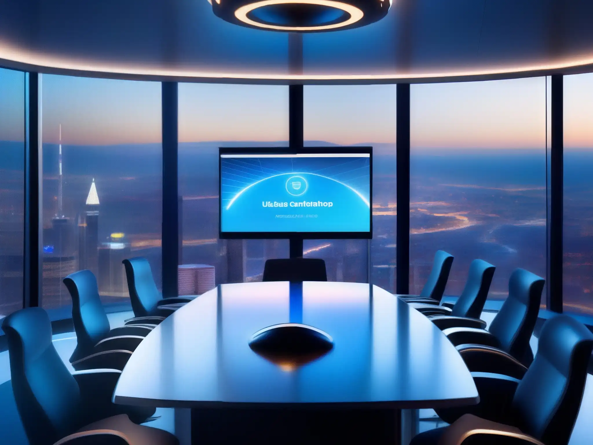Sala de conferencias futurista con tecnología avanzada y vistas panorámicas Moderna sala de videoconferencias para mejorar latencia