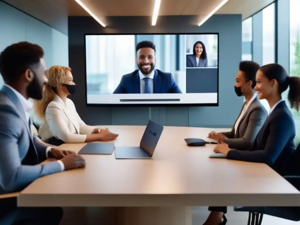 Videoconferencia segura y profesional en un entorno moderno Una moderna sala de videoconferencias con mejoras seguridad, protocolos y equipo de alta tecnología para video llamadas seguras