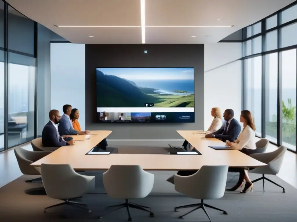 Videollamada profesional en entorno moderno Una moderna sala de videoconferencias con múltiples pantallas mostrando feeds de video