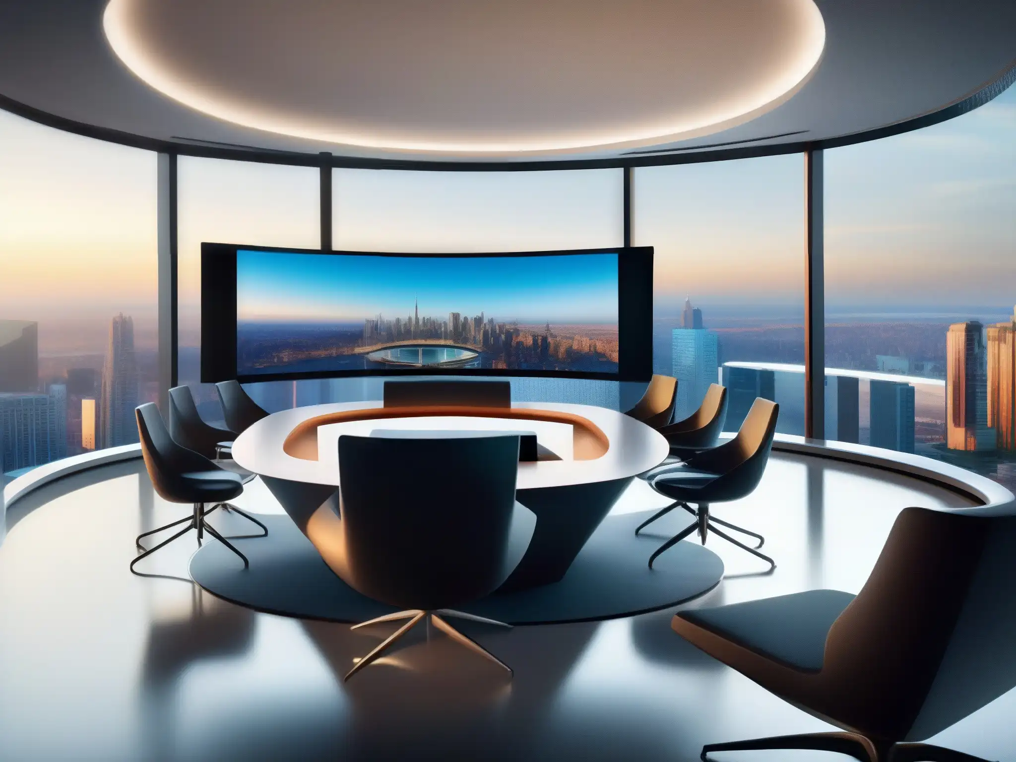 Videoconferencia de alta calidad en un entorno futurista y elegante Moderna sala de videoconferencias sin pérdidas con vista a la ciudad, tecnología de vanguardia y elegancia minimalista